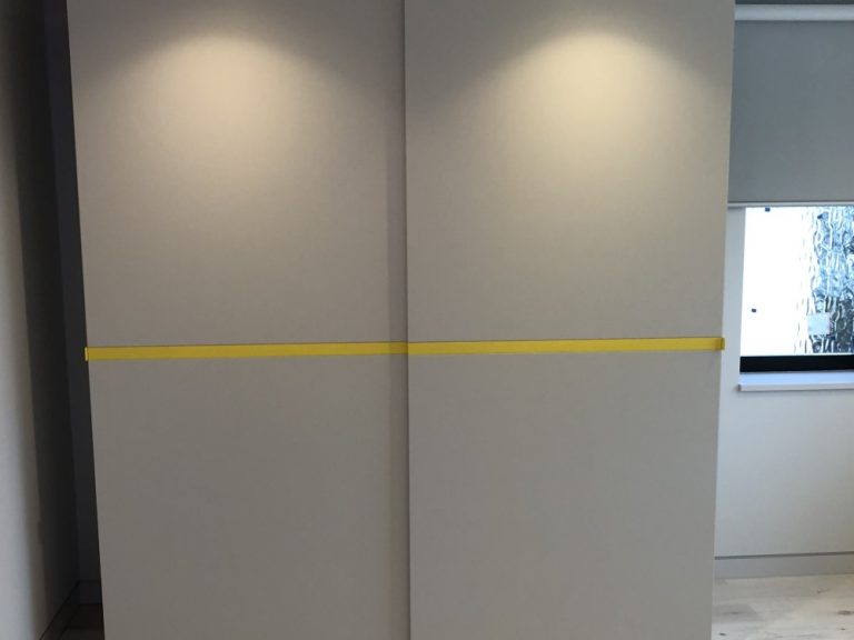 Dall'Agnese Sliding Wardrobe 'Riga' Range. In Matt Lacquer Pearl Grey & Zinc Yellow