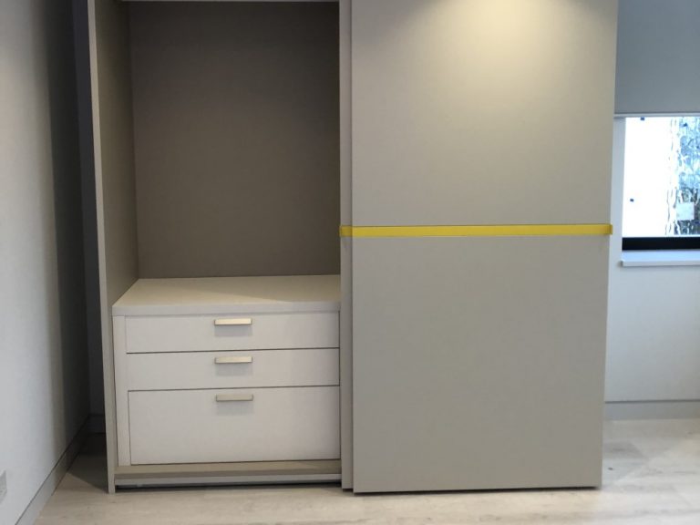 Dall'Agnese Sliding Wardrobe 'Riga' Range. In Matt Lacquer Pearl Grey & Zinc Yellow