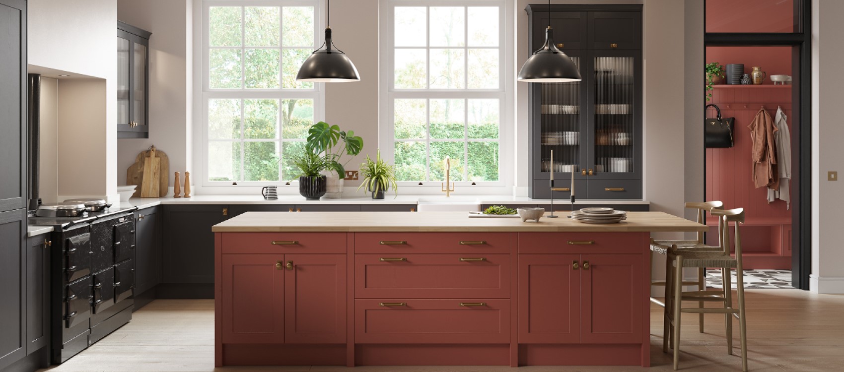 Painted shaker style with slim framed door from Hawkshaw range by JJO, painted in Charcoal and Tuscan Red